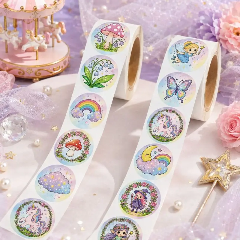 500Pcs Round Fairy Tale Stickers，Mushroom Elf Unicorn Butterfly，Student Reward Stickers，DIY scrapbook Gift Wrapping Decor