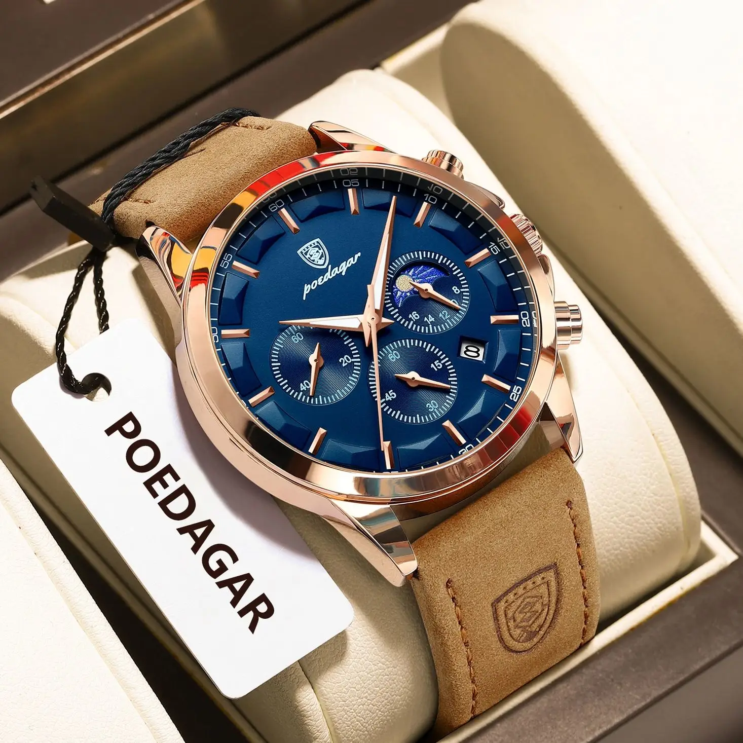 POEDAGAR New Trendy Man Wristwatch Waterproof Chronograph Luminous Date Men Watch Leather Luxury Military Quartz Watches For Men