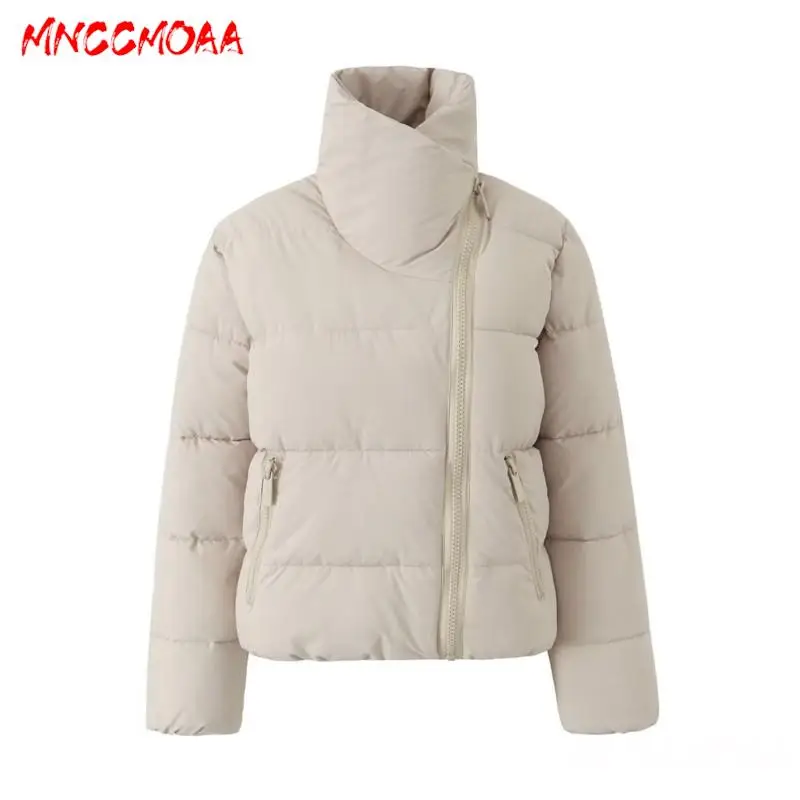 MNCCMOAA-Women's Stand Collar Zipper Parkas, Casual Coat, Long Sleeve Pockets, Loose Outerwear, Monochromatic, Fashion, 2024