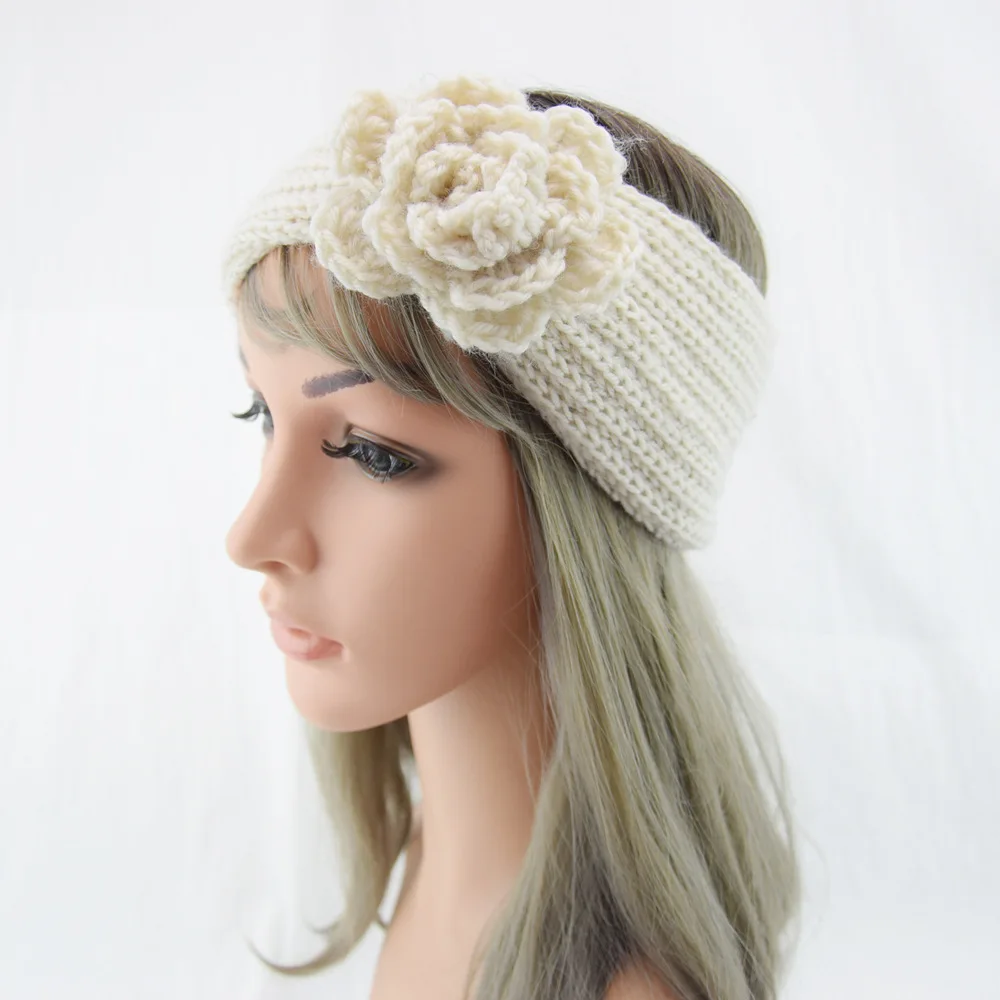 Women Rose Flower Knitted Headbands Women Autumn Winter Crochet Head Wrap wide Woolen Hairband Turban Bandana Hair Accessories