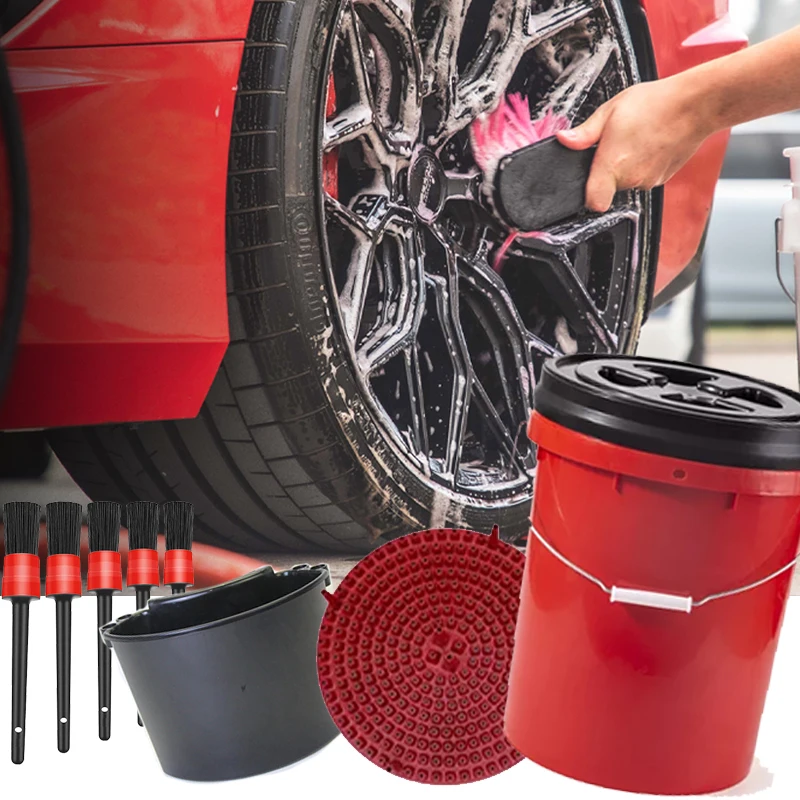 Car Wash Bucket Cyclone Dirt Trap Detailing Plastic Bucket Insert Detailing Brush Set with Holder Car Wash Tool Kit 5 Gallon/20L