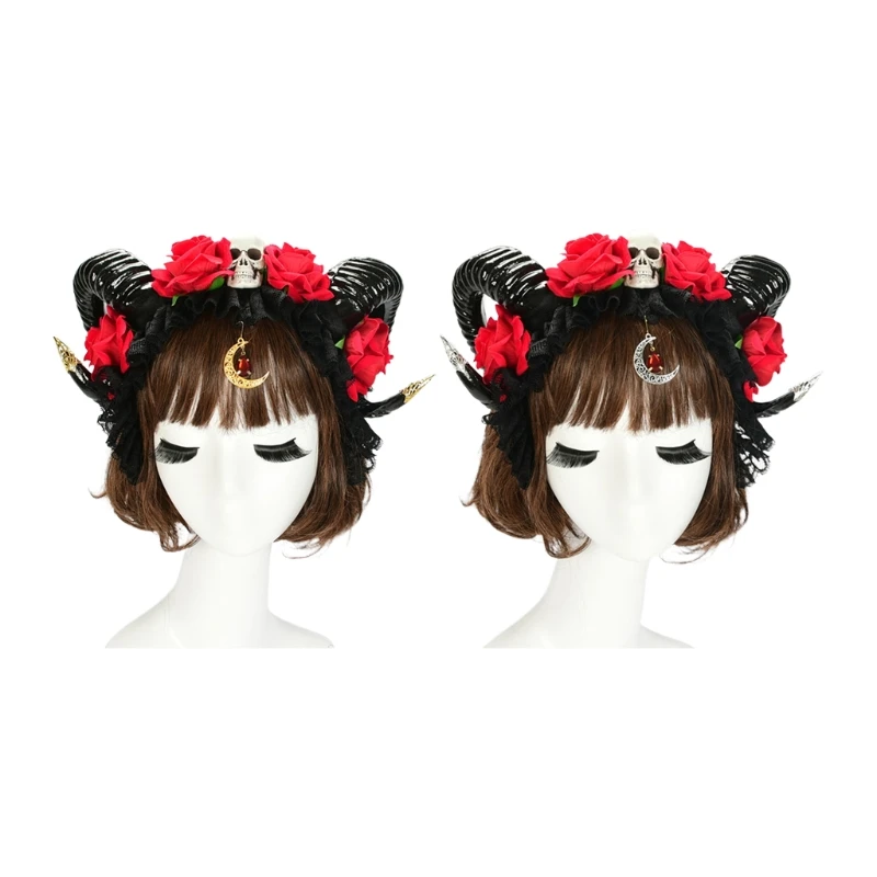 

A2ES Rose Ox Horn Headwear Flower Skull Hairband Non Slip Headpiece Photo Props Fancy Dress Halloween Gothic Accessories