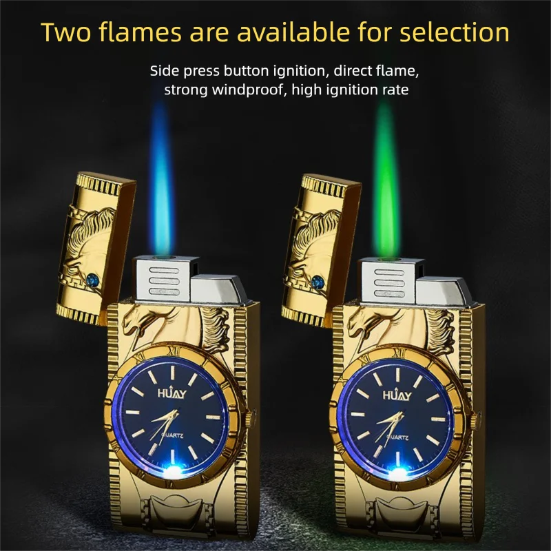 

Luxury LED Gold Watch Lighter Jet Two Flames Butane Gas Lighter Luminous LED Dial Lighter Cigarette Accessories Men's Gift