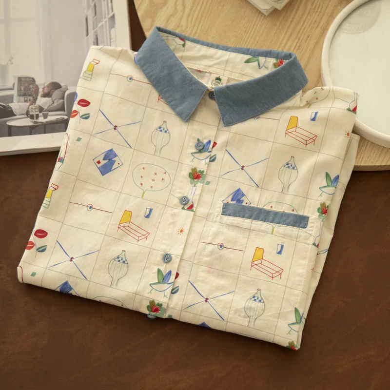 原宿系カートゥーン柄プリント100%コットンシャツ レディース モリーガール 夏 ターン ダウンカラー 半袖 カジュアルブラウス トップス