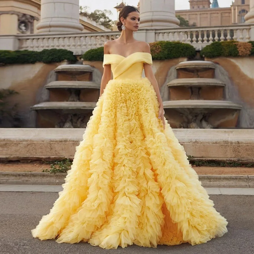 Dreamy Yellow Tulle Ball Gown Ruffled Layered Evening Dresses With Train Off Shoulder Sleeveless Woman Clothes Ever Pretty