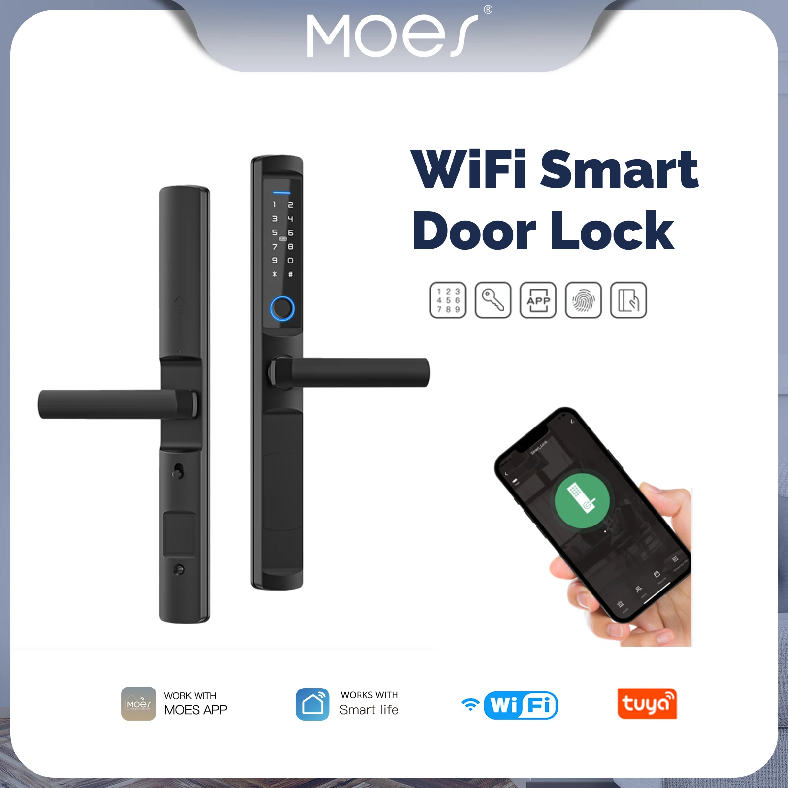 

MOES Waterproof Tuya Wifi Smart Narrow Side Fingerprint Password Card Aluminum Door Lock For Aluminum Glass Push Pull Door