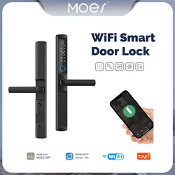 MOES-Serrure de porte intelligente étanche Tuya WiFi, côté étroit, empreinte digitale, carte de mot de passe, aluminium, verre, porte à nervures de poussée