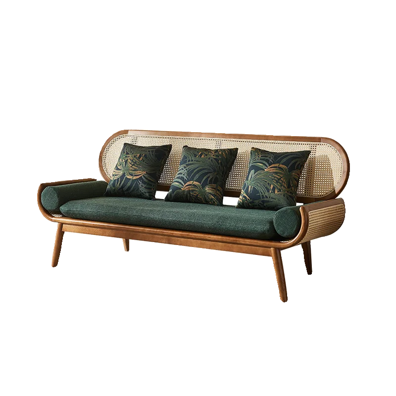 *Nordic Solid Wood and Real Rattan Woven Sofa Set Modern Sofa Bed for Hotel Use Small-sized Living Room Leisure Sofa