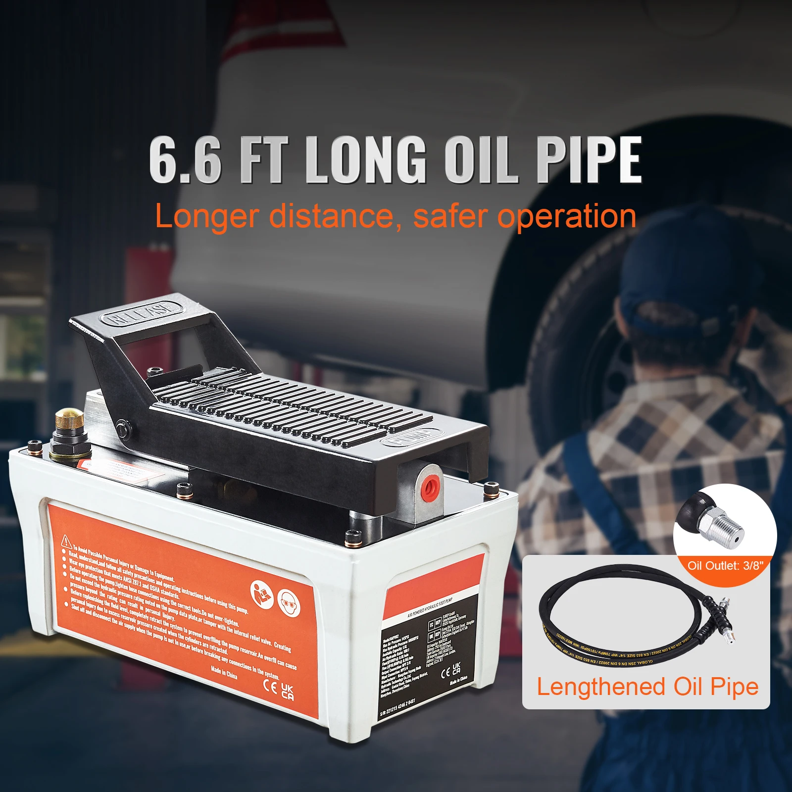VEVOR Pompa Idraulica ad Aria Azionata da Pedale Ingresso Aria NPT 1/4" con Tubo 2m Capacità dell'Olio 1,6L, Pompa Pneumatica a Pedale Pressione Max. 10000 PSI con Tubo 2m Capienza del Serbatoio 1,6L