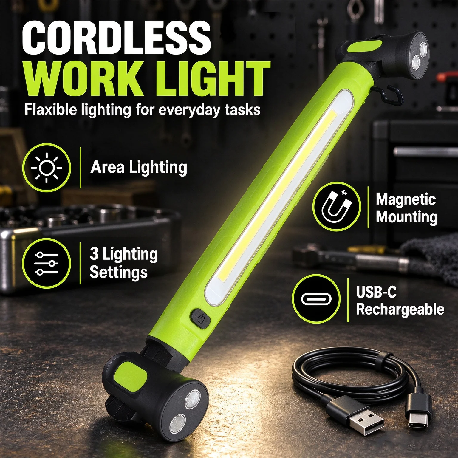 Work Light Rechargeable LED Work Light with Magnetic Bases and Hooks 360° Rotation Portable Flashlight For Car Repair, Garage,