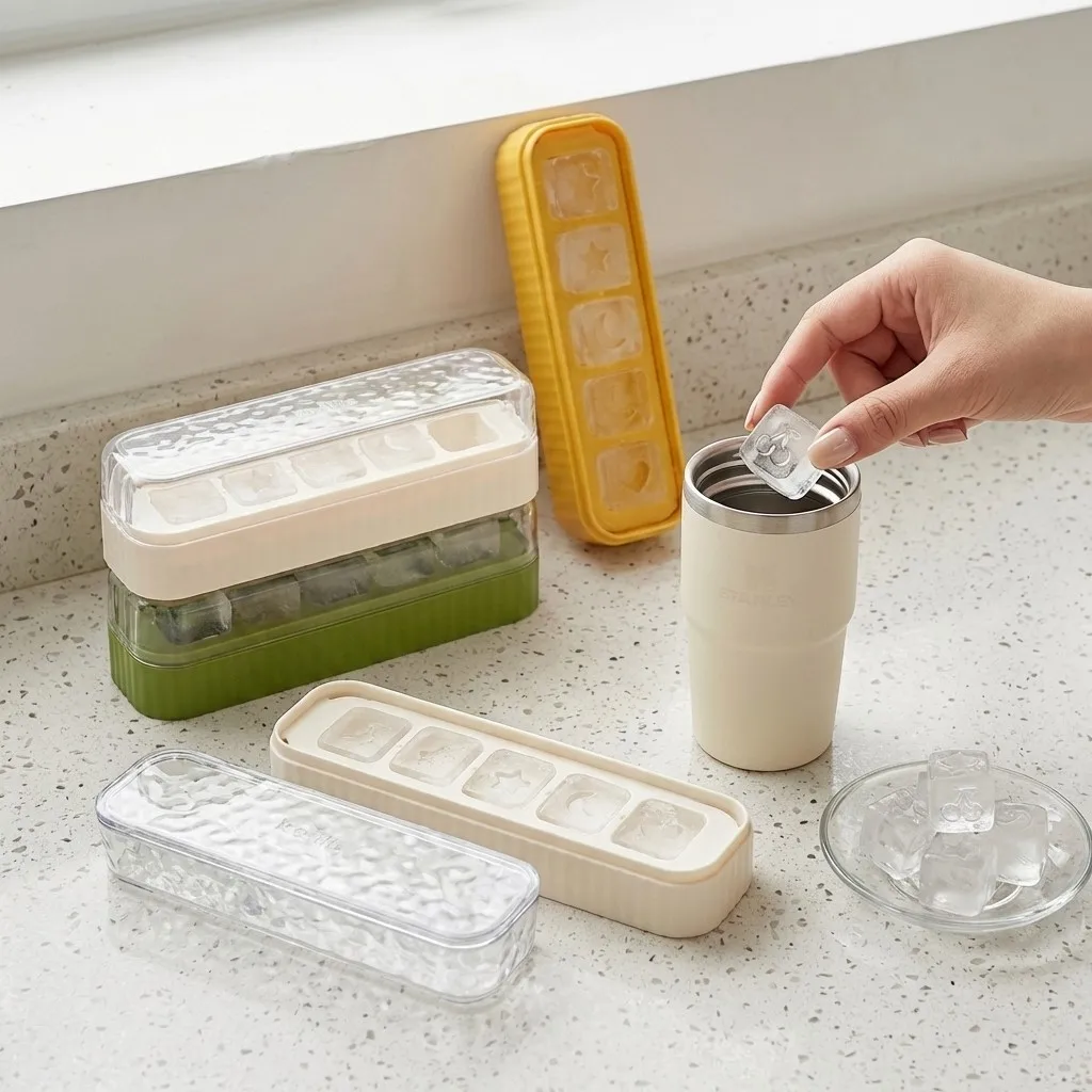 Mini bac à glaçons en plastique avec couvercle, réutilisable, 5 compartiments, moule à glaçons carrés pour whisky, bière, boissons froides, outils de cuisine et de bar