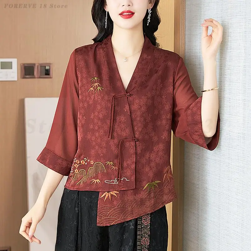 Chinese Ethnic Style Blouse Embroidery V-Neck Hanfu Tops Traditional Oriental Shirt Tea Art Oriental Tang Clothes Retro Top 4XL