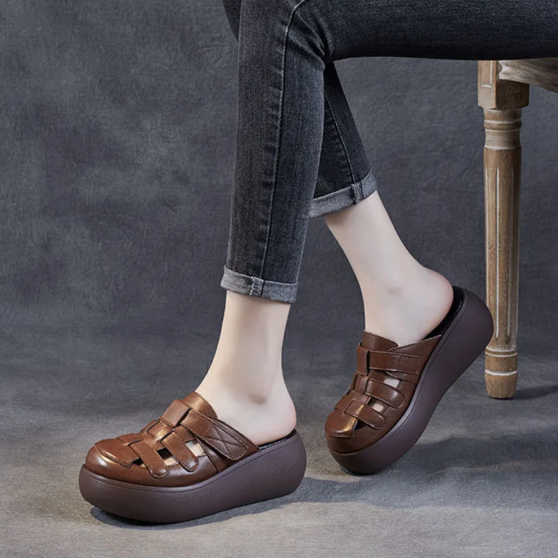 DRKANOL nowy projekt kobiety kapcie lato Slingback sandały okrągłe Toe prawdziwej skóry buty na koturnie Retro poza dorywczo slajdy
