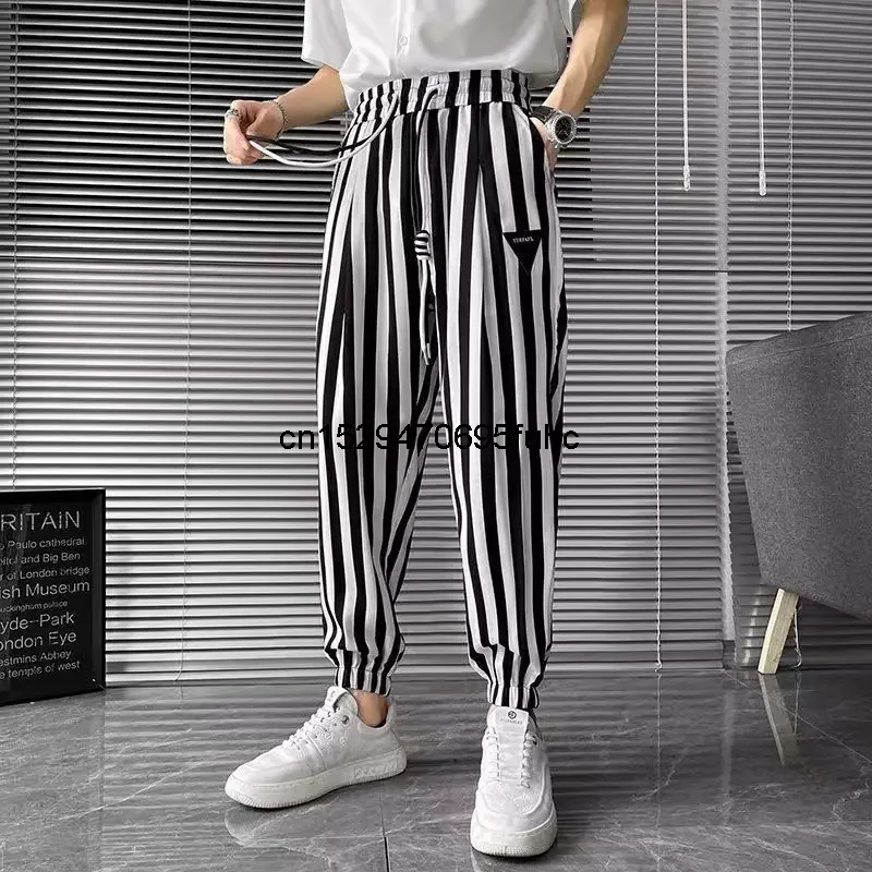 

Striped Casual Trousers Men's Thin Cropped Pants Trendy Brand 2024 New Ruffian Handsome Ice Silk Men's Harun Pants All-match