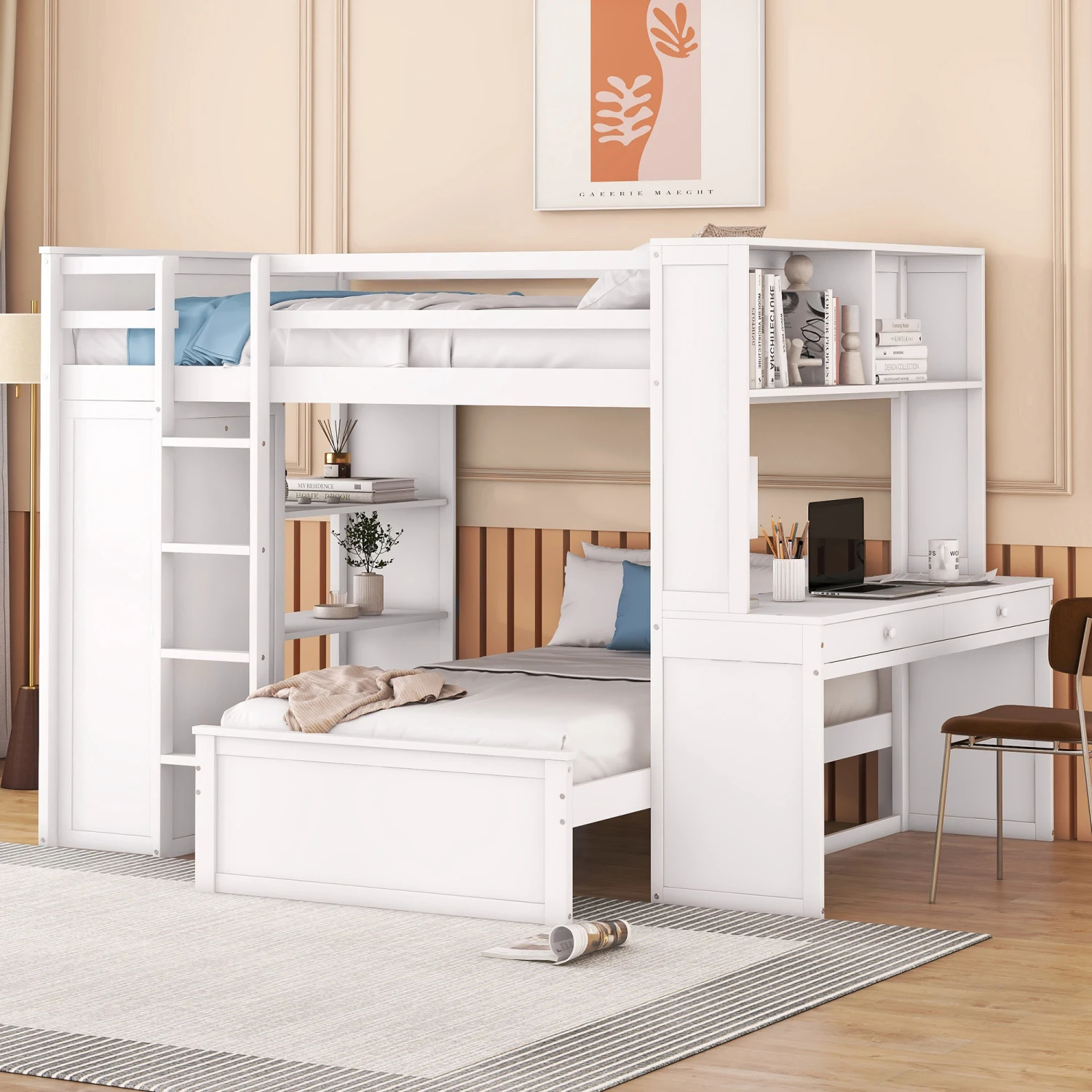 Full size Loft Bed with a twin size Stand-alone bed, Shelves,Desk,and Wardrobe-White