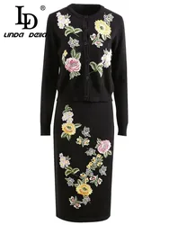 LD LINDA DELLA 2023 Autumn Elegant and Pretty Set  Women's Black Extravagant Embroidery Top+Elastic Waist Skirts 2 Pieces Set