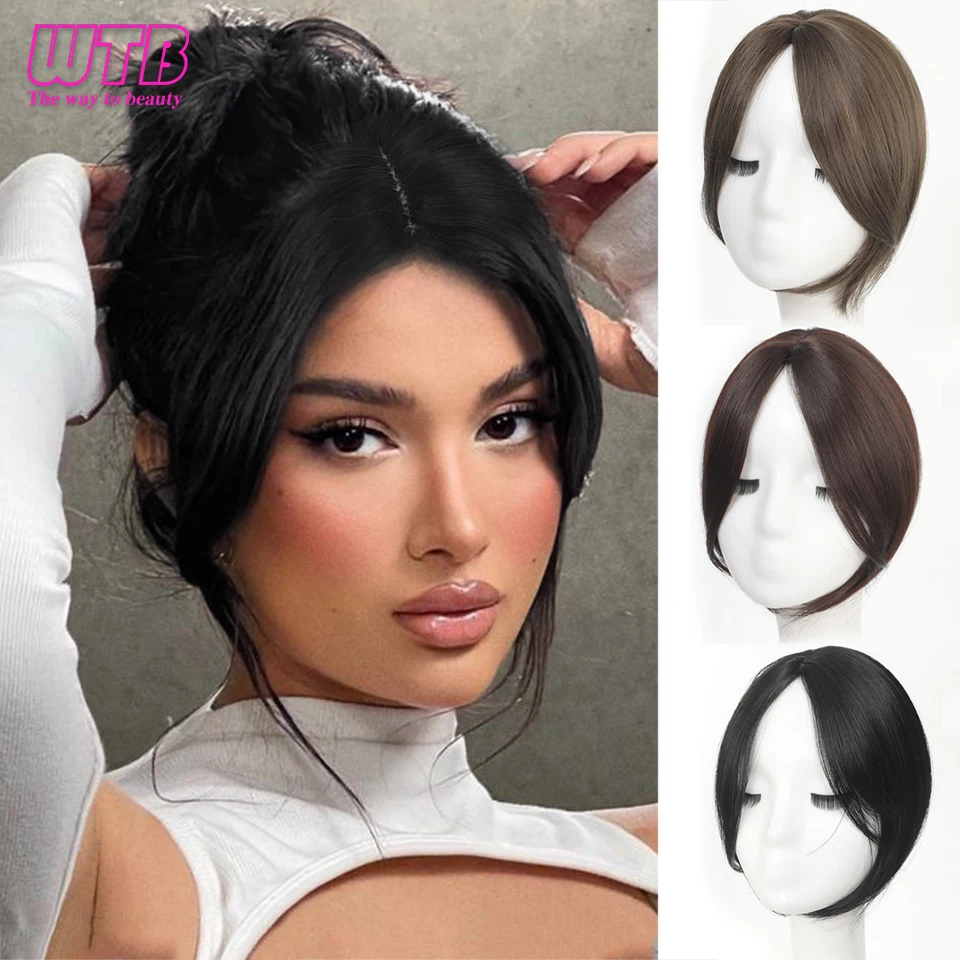 WTB wig poni sintetis untuk wanita, rambut lurus tidak terlihat mulus poni samping potongan tengah Part udara untuk penggunaan sehari-hari