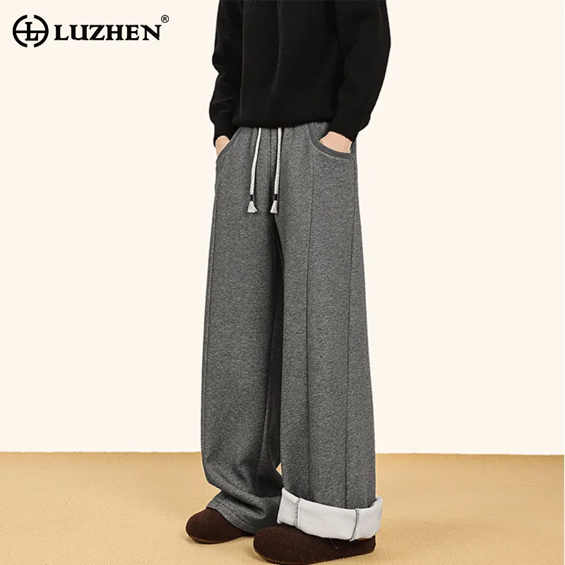 

LUZHEN 2025 Winter New Thickened Warm Straight Casual Pants Men's Stylish Solid Color Drawstring Elastic Waist Trousers JY5119