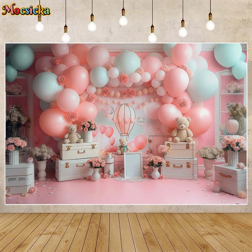 

Mocsicka Photography Background Pink and White Balloon Bear Flower Baby Kids 1st Birthday Cake Smash Party Decor Backdrop Props