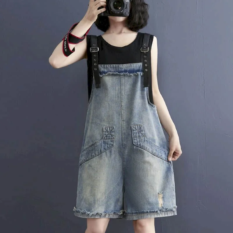 

Vintage Denim Jumpsuits Women Korean Fashion Overalls Loose Oversized Playsuits Casual One Piece Outfits Women Wide Leg Shorts