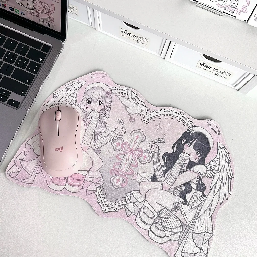 Irregular Pink Angel Wings Mouse Pad Love Girl Leather Desk Pad Protector Y2K MousePads Office Desk Mat PU Desk Blotter Pad