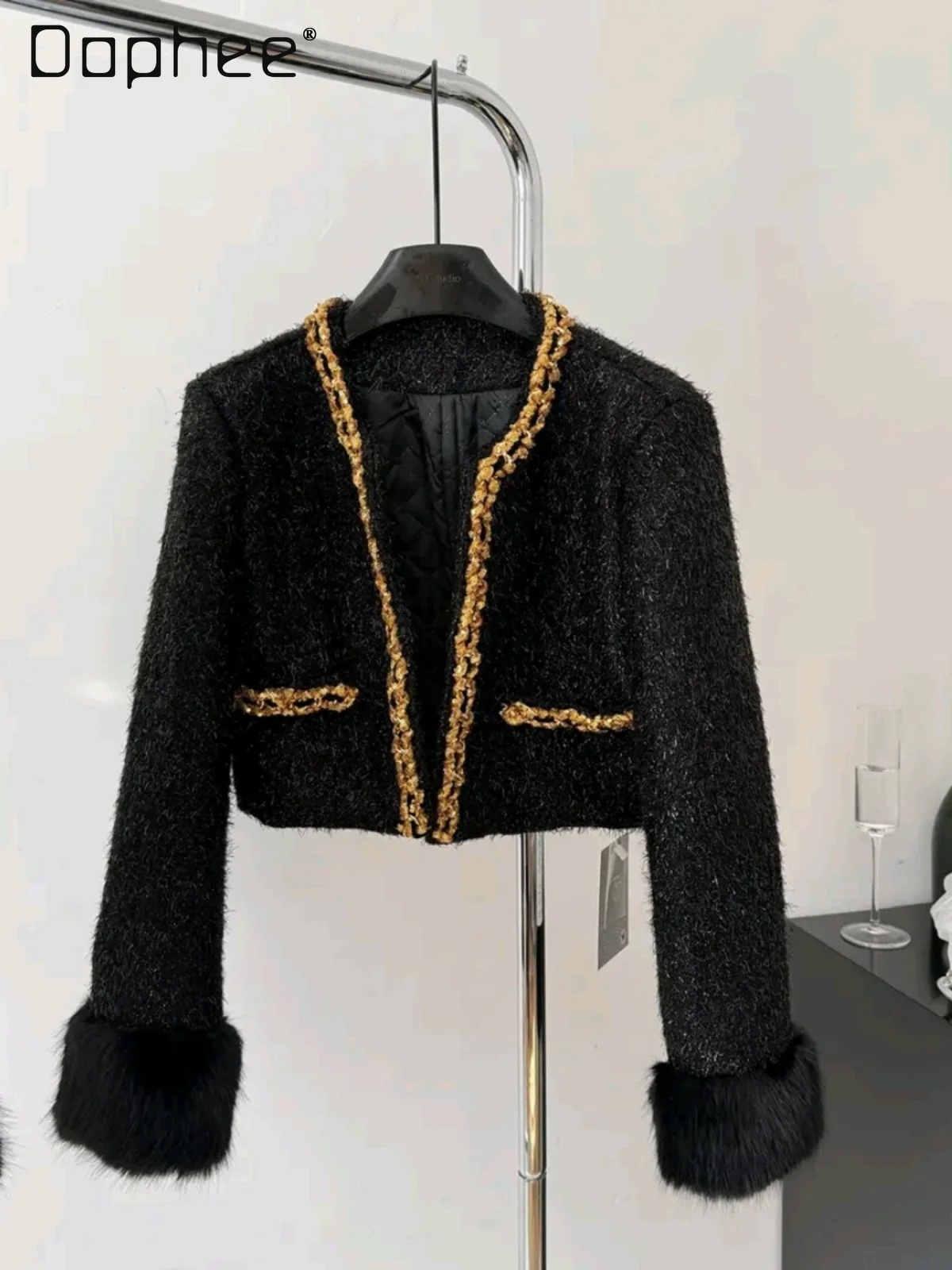 

French Style Elegant Shiny Silk Woven Faux Fox Fur Patchwork Long Sleeve Short Coat Women Winter Thicken Socialite Woolen Coats