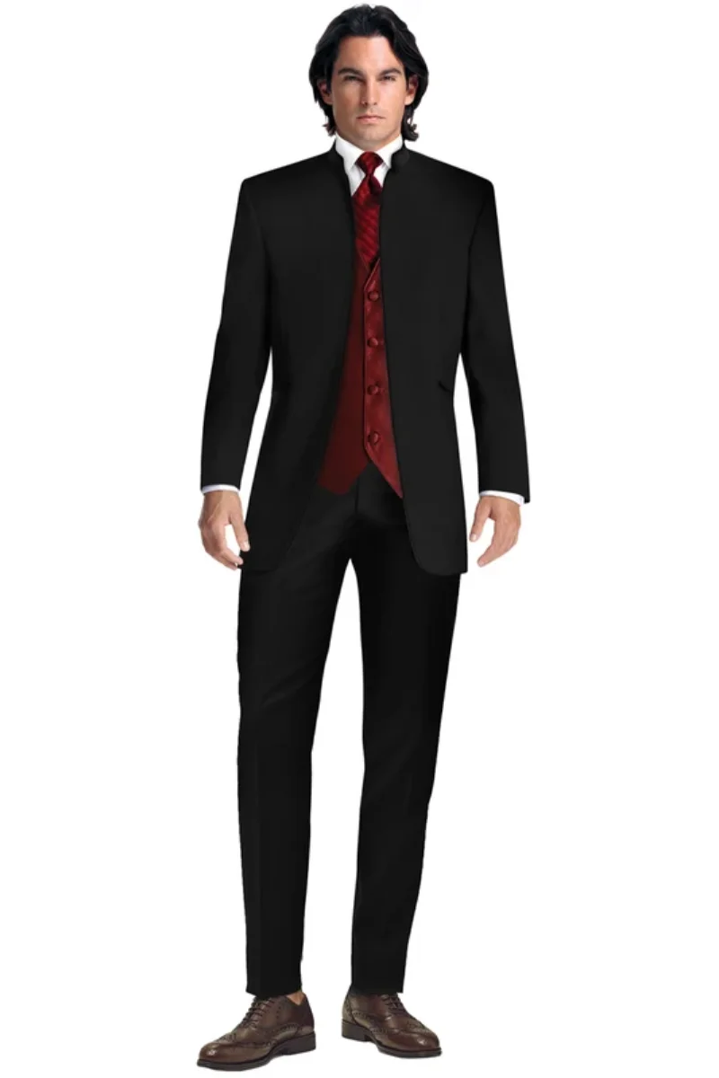 

Black Men's 3 Pieces Wedding Suits Slim Fit Formal Groom Tuxedos Stand Collar Jacket & Trousers & Waistcoat for Party Prom