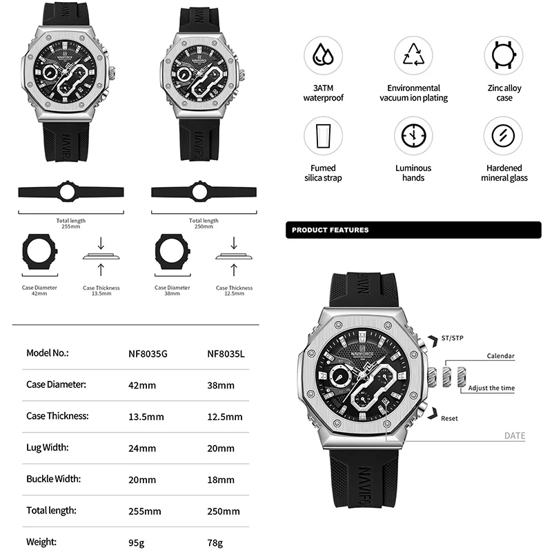 Розкішні годинники NAVIFORCE для чоловіків, жінок, високоякісні оригінальні наручні годинники для пар, силіконовий ремінець, військовий спортивний водонепроникний годинник