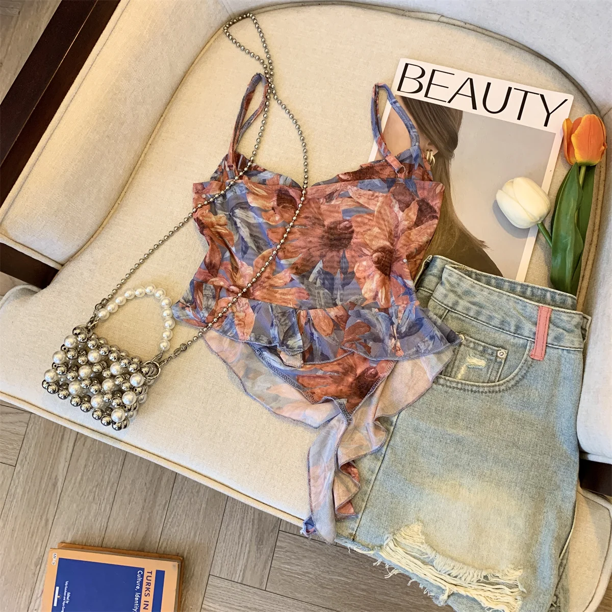 2026 جديد الصيف التعادل مصبوغ مطبوعة المرقعة الكشكشة غير النظامية سترة بلا أكمام شبكة عارية الذراعين سترة الحمالة