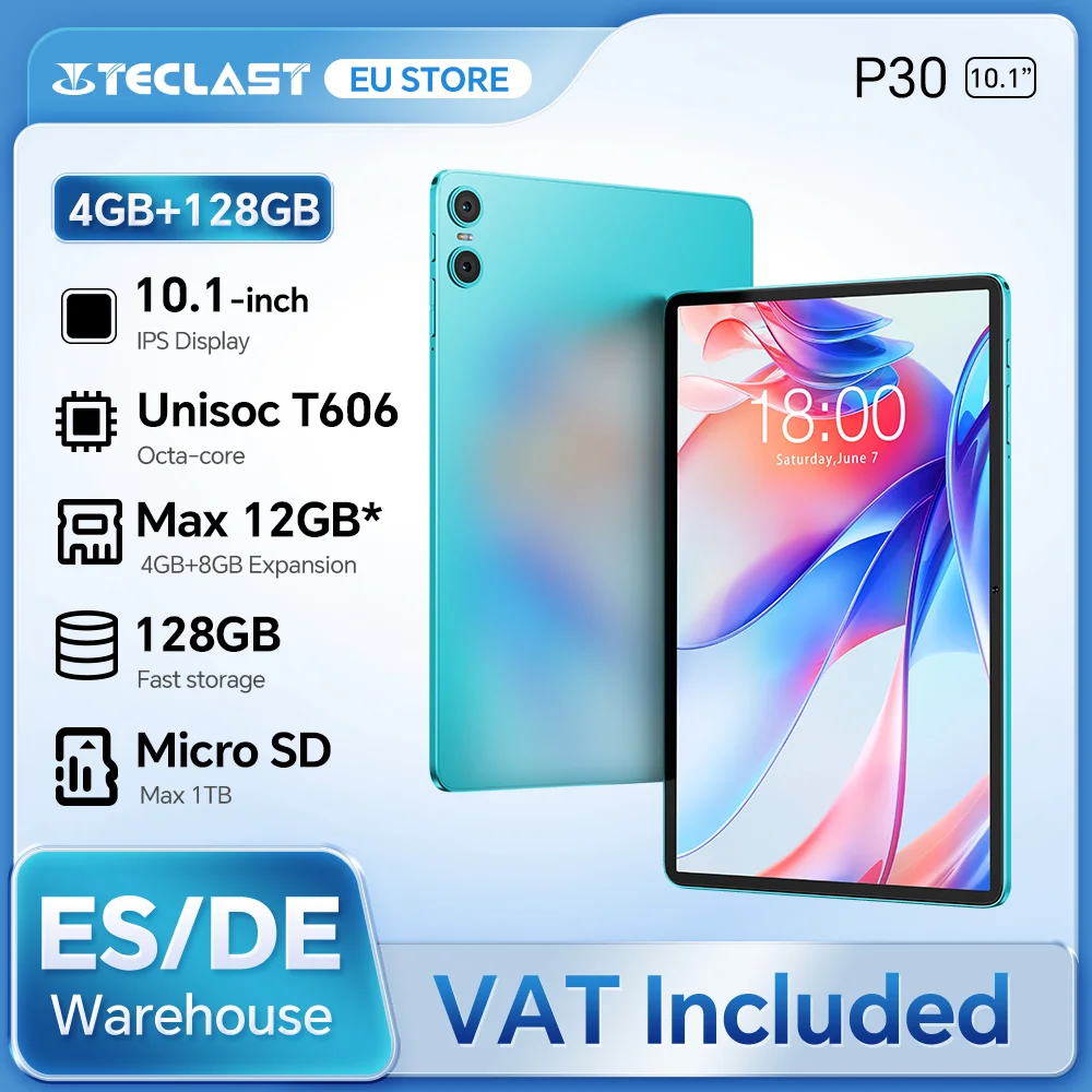 Teclast P30 Android 14 Tablet, 10.1 Inch, up to 12Gb Ram, 128Gb Rom, 1280X800 Ips, Unisoc T606, 8 Cores, 6000 Mah