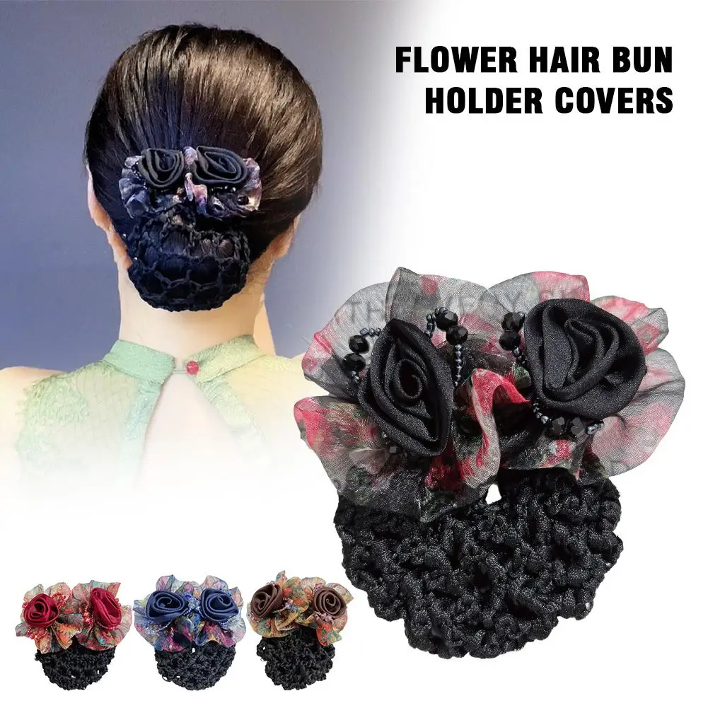 Elegant Mesh Flower Crystal Bun Snood Spring Clip For Women Nurse Flight Attendant Hair Clip Hairnet Cover Hairpins Girl Bu S8T2