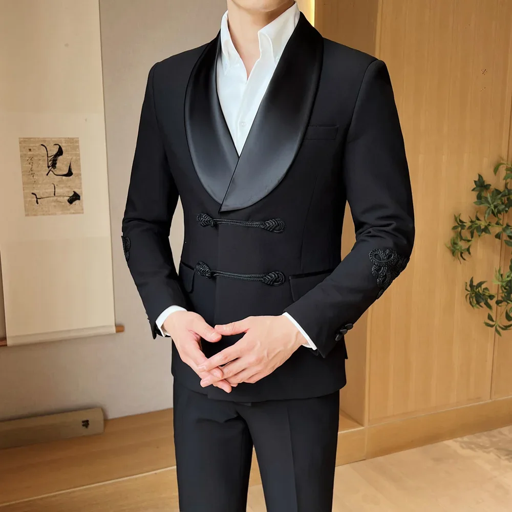 Men Vintage Luxury Style Slim Fit Wedding Groom Party Ceremony Tuxedo Suits 2 Pieces Sets Jacket Pant Man Stage Costume