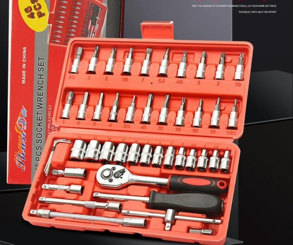 Conjunto de Chaves de Soquete de 1/4 de Polegada com 46 Peças, Kit de Ferramentas Multifuncional para Manutenção de Automóveis e Motocicletas