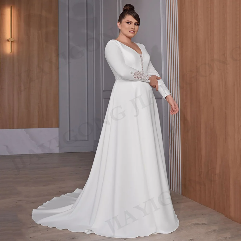 Vestido de casamento com Lantejoulas Applique, vestido de noiva, camisa de linha A, mangas compridas, decote V, trem longo, elástico, moderno, moda personalizada, Jiayigong