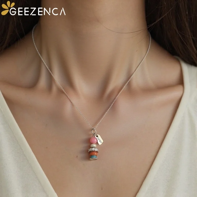 GEEZENCA Real 925 Silver Pearl Turquoise Coral Beaded Lighthouse Pendant Necklace 45cm Handmade Lucky Jewelry For Women Gift