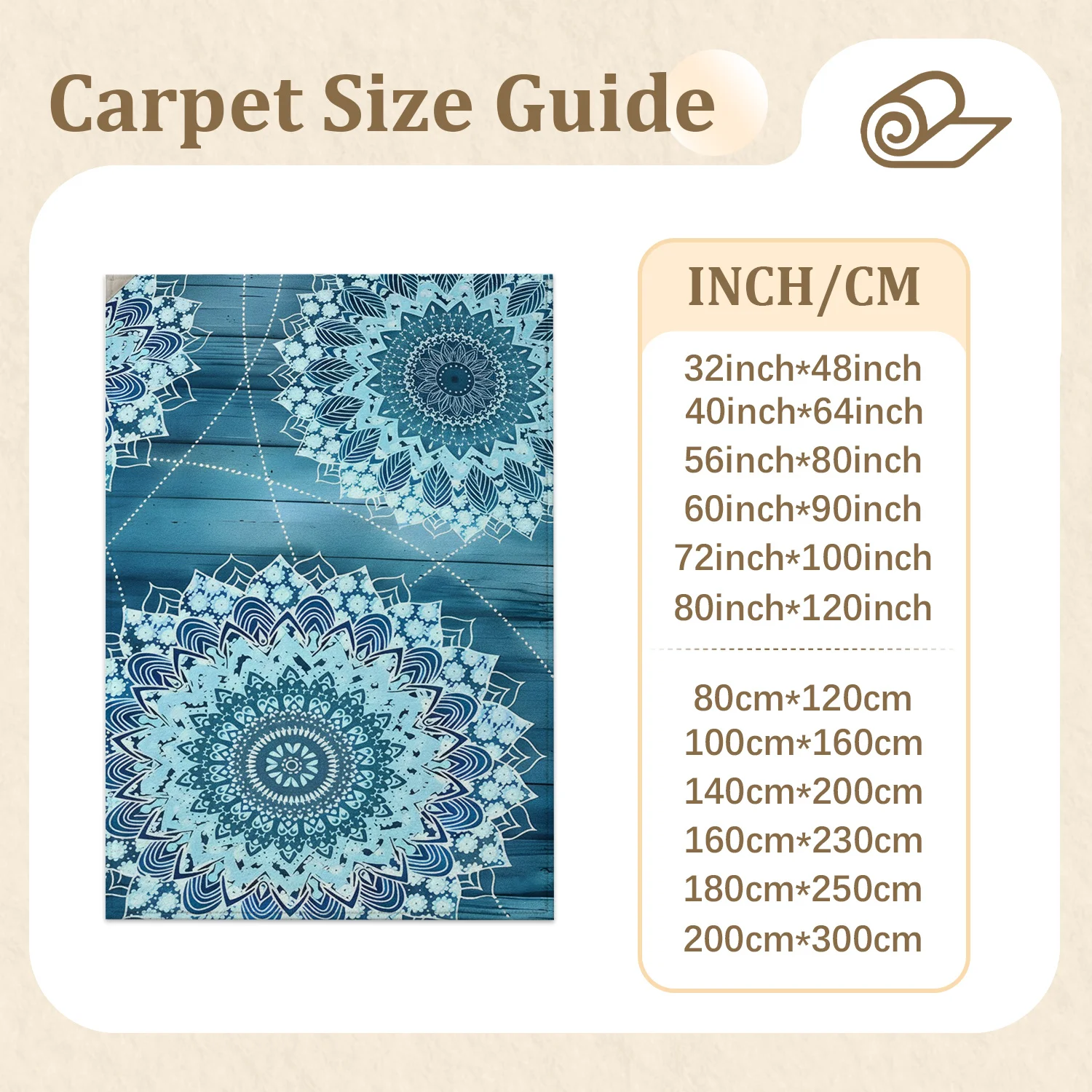Large Indoor Area Rug, Soft Velvet Low Pile Floor Rug with Non-Slip Dotted Backing, Machine Washable Blue Mandala Pattern Decorative Rug for Living Room, Bedroom, Home Spaces