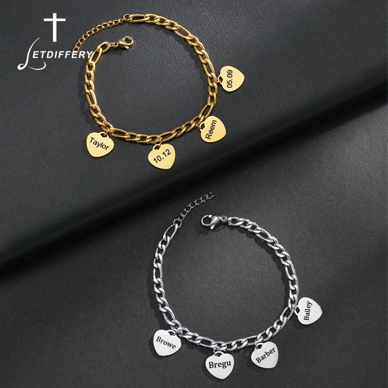 Letdiry 커스텀 이름 하트 펜던트 팔찌, 스테인레스 스틸, 맞춤형 레이저 각인, 날짜 글자, 피가로 체인 팔찌