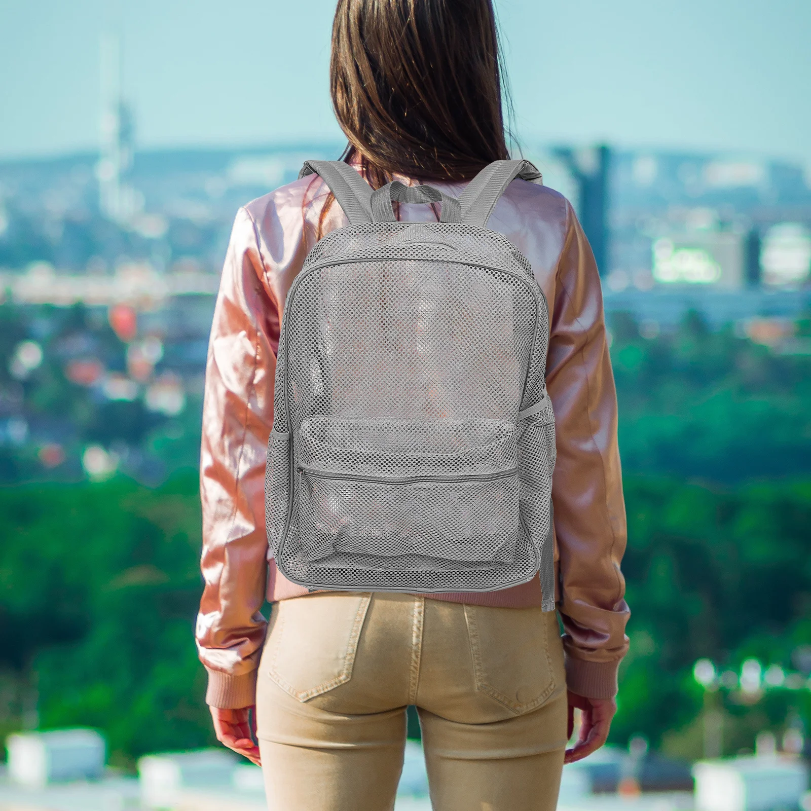 Heavy Duty Mesh Backpack Grey See Through Padded Shoulder Straps Outdoor Sports Beach Swimming Travel Gear Mesh Beach Bag