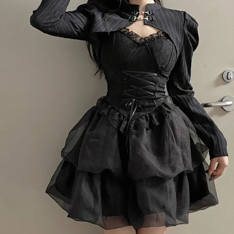 Y2k Japan Style Dark Lolita 3 Piece Skirt Set Women 2000s Harajuku Vintage Gothic Suits Autumn Bow Long Sleeve Matching Set Chic