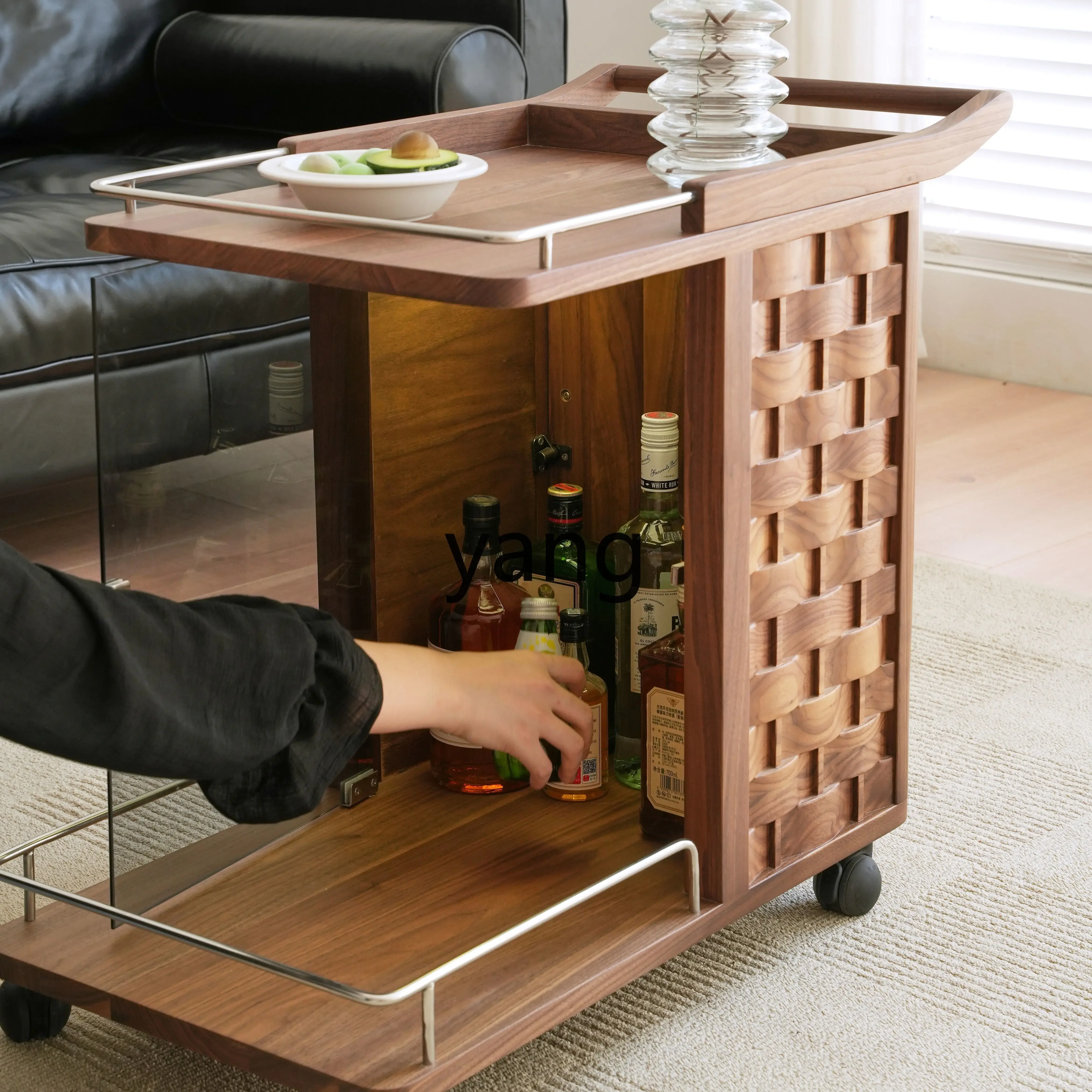 LH  trolley with wheels moving sofa side few solid wood retro light luxury wine cabinet coffee table