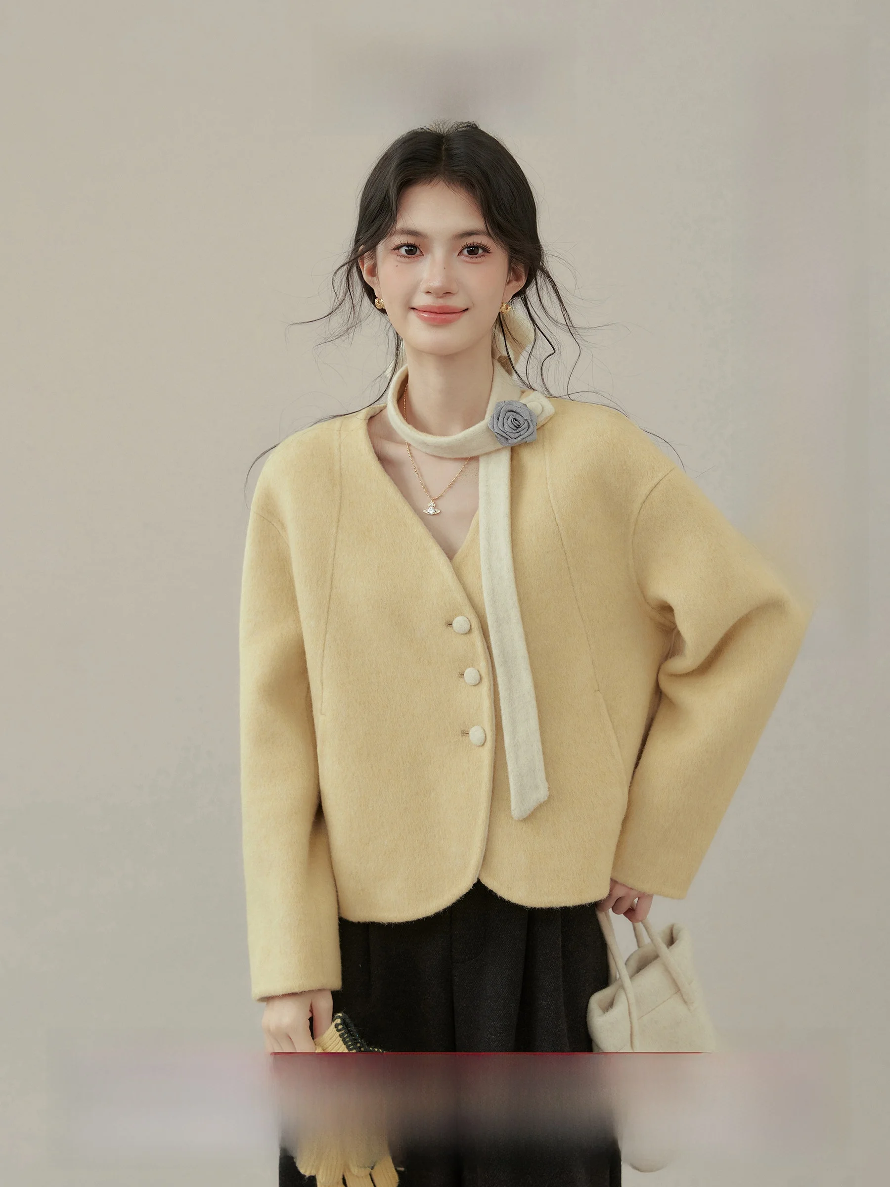 

Ou Yang Xi Warm Winter Narrative Double-Sided Wool Coat ort Yellow Woolen Jaet for Women Autumn Winter Ele Sli
