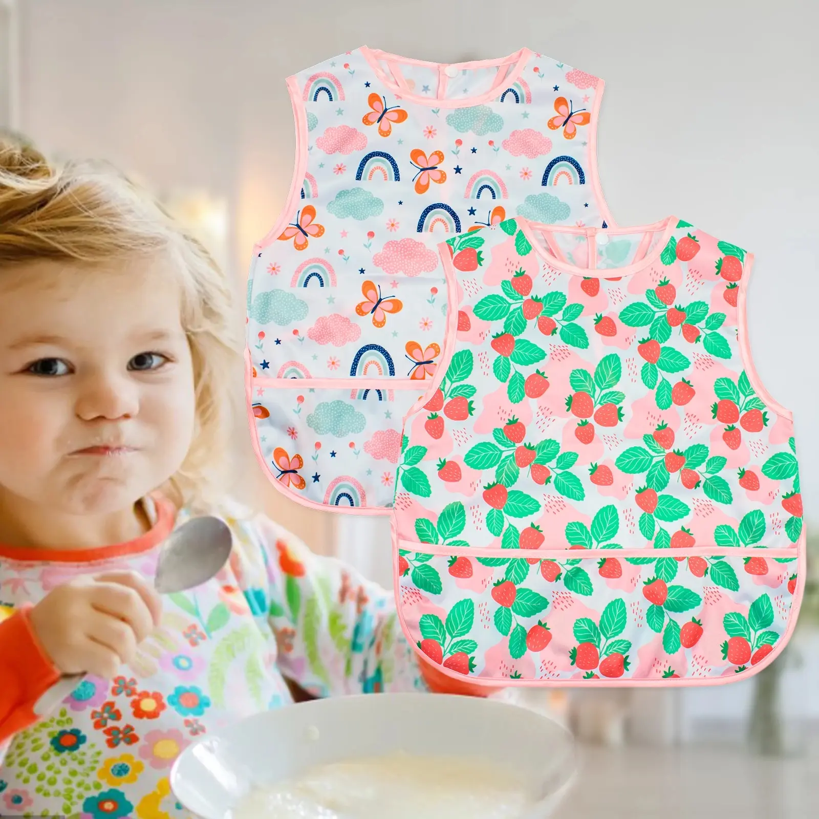 1Piece With Pocket Waterproof Printing Sleeveless Baby Feeding Bib Easy To Clean Reusable Washable Baby Bib