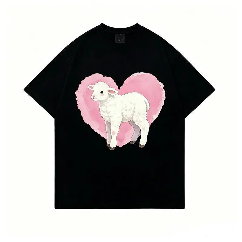 Kawaii Cute Heart Fluffy Lamb Print Oversized Tee Loose 100% Cotton Y2K Girly Daily Casual Short Sleeve Top Sweet T-shirts Japan