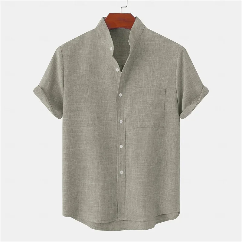 Men's Linen Shirt Stand Collar Shirt Casual Shirt Solid Color Hawaiian Holiday Black White Yellow Pink Clothing Front Pocket