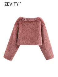 ZEVITY Women Fashion 4 Colors O Neck Long Sleeve Casual Fur Pullover Jacket Female Outerwear Chic Autumn Winter Coat Tops CT7356