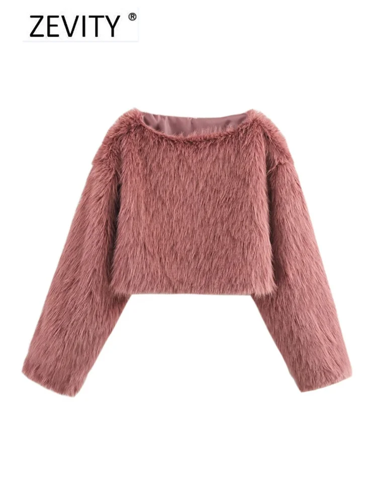 ZEVITY Women Fashion 4 Colors O Neck Long Sleeve Casual Fur Pullover Jacket Female Outerwear Chic Autumn Winter Coat Tops CT7356