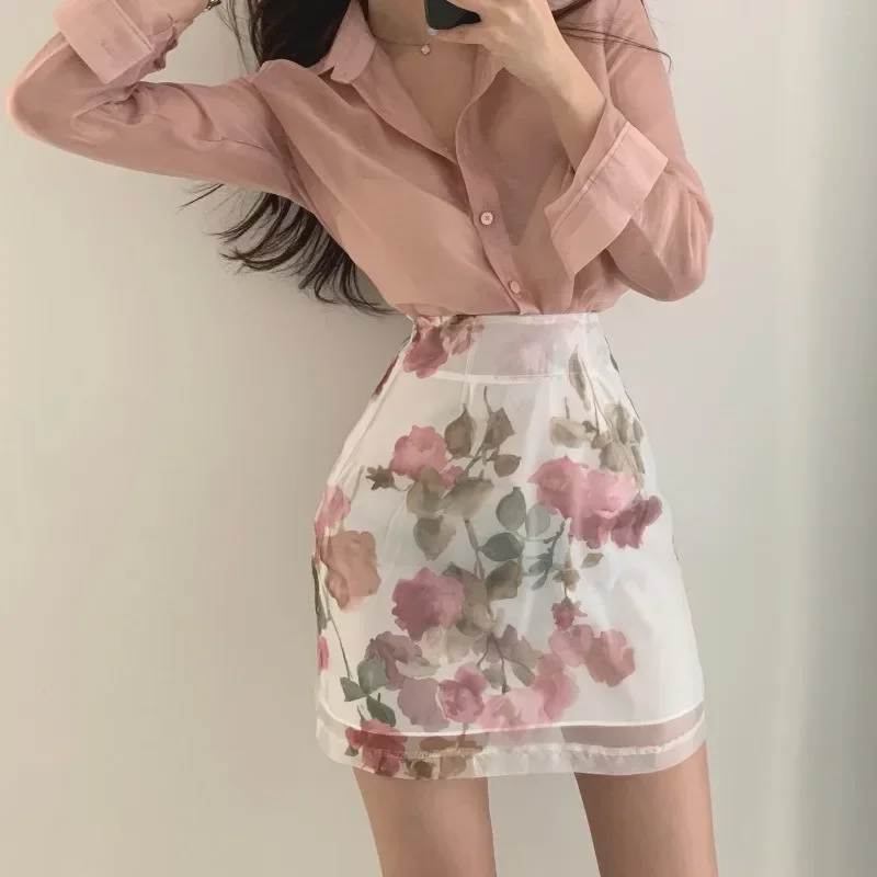 Korea Chic Elegante Frauen 2 Stück Sets Sexy Sehen-durch Lange ärmeln Shirt + Hohe Taille A-line Floral druck Rock Sets 2pc OL Anzüge