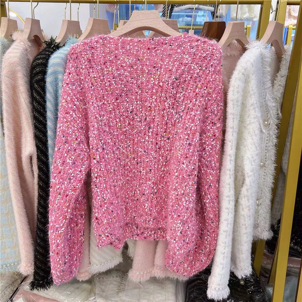 سترة نسائية تريكو ناعمة طويلة منقطة مرقعة كورية Sle V-Ne سترة عصرية كسول موضة خريف وشتاء...