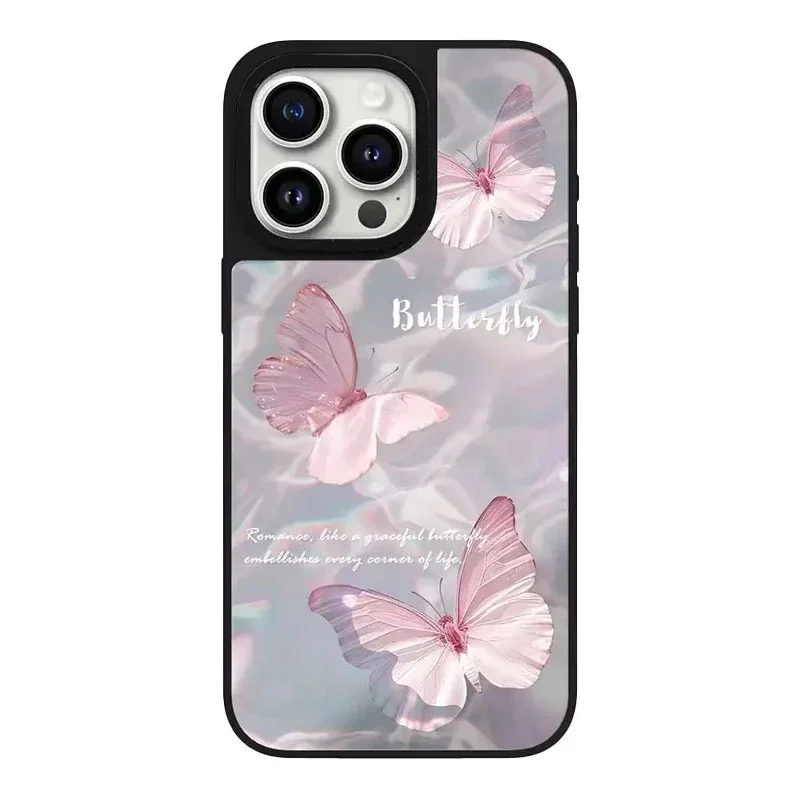 เคสโทรศัพท์แม่เหล็กกระจกผีเสื้อดอกไม้น่ารักสำหรับ iPhone 11 12 13 14 15 16 PRO MAX เคสสำหรับ iPhone 16 PRO MAX