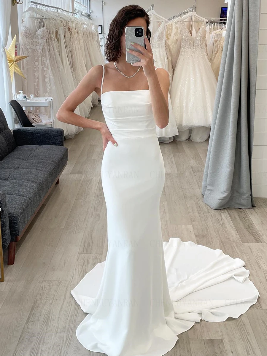 

Simple Elegant Wedding Dresses Sweep Train Satin Bride Dress Mermaid Sleeveless Pleat Sexy Dresses For Women 2023 Robe De Mariee